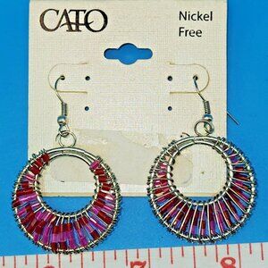 CATO 1.5 inch round dangle pink glass beaded hook earrings